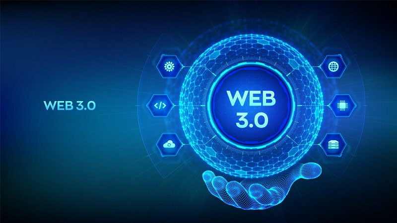 Web 3.0. New generation of the Internet abstract concept. Block chain decentralized technology. Digital communication, AI and virtual technology. Hexagonal grid sphere in wireframe hand. Vector.
